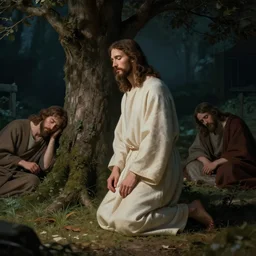 portrait of jesus christ kneeling in the garden at night while three apostles sleep against a tree 4 k, concept art, by wlop, ilya kuvshinov, artgerm, krenz cushart, greg rutkowski, pixiv. cinematic dramatic atmosphere, sharp focus, volumetric lighting, cinematic lighting, studio quality