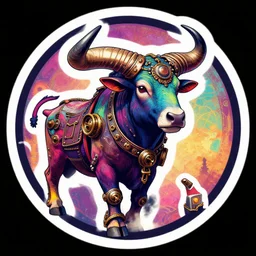 round sticker art of a multicolored realistic taurus, steampunk style, 8 k, fluorescent colors, insanely integrate