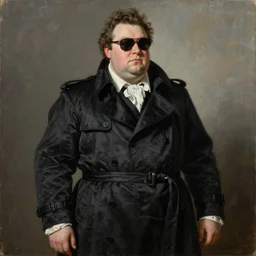 portrait of an overweight handsome man in a black outfit, sword trenchcoat sunglasses, a flemish baroque by alexander mcqueen, art by john collier by greg rutkowski and craig mullins, oil on canvas