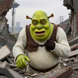 Shrek crying in the bombed out rubble of Seattle, war photograph, Pulitzer prize, DSLR, f1.7, 50mm prime, detailed, 4k