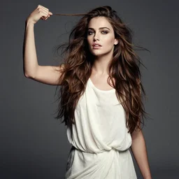 photograph of The beautiful young Greek actress Tonia Sotiropoulou as the greek Fate Clotho, photographed in the Style of Mario Testino, studio lighting