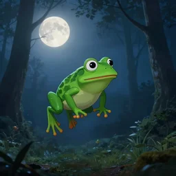 pepe the frog flying at night through fog forest lit by the full moon