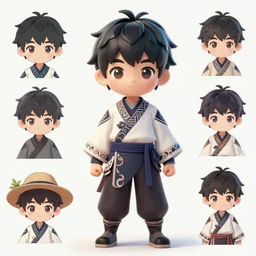 character sheet for a cute wuxia style boy, clothes has complex pattern, cool color, for genshin impact by greg rutkowski, by studio ghibli, digital art, trending on artstation, hd, 8 k, highly detailed, good lighting, beautiful, masterpiece