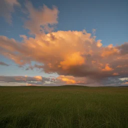 a beautiful landscape photograph, orange clouds, blue sky and green grassland
