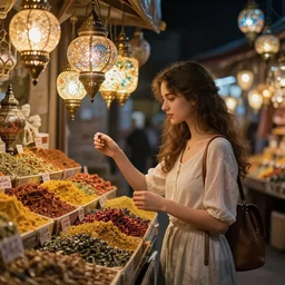 a young woman shopping in a spice market at night, soft glow from lanterns, shiny, fantasy, intricate, elegant, hyper detailed, ultra definition, photoreal, artstation, unreal engine rendered, concept art, smooth, sharp focus, illustration, art by artgerm and greg rutkowski and alphonse mucha and garis edelweiss