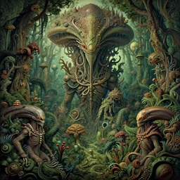 epic alien jungle by zdzisław beksinski, greg rutkowski and ernst haeckel. highly detailed, hyper - real, very beautiful, intricate fractal details, very complex, opulent, epic, mysterious, trending on deviantart and artstation