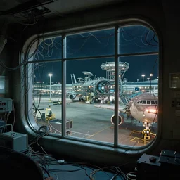 airport, 1 9 8 0, retrofuturism, cluttered, wires everywhere, window, at night, dramatic lighting, alien technology, detailed by simon stalenhag
