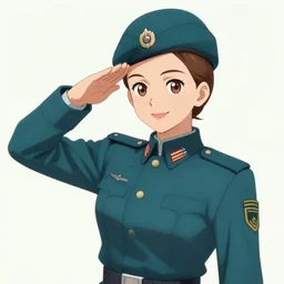 portrait of young woman with light brown hair and hazel eyes dressed in a sharp dark teal military uniform with beret, saluting, smiling at camera, ilya kuvshinov, anime, cheerful