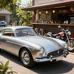parked retro futuristic vintage shiny polished cars and motorcycles at a bar, volumetric lighting, beautiful, day time, summer, sunny weather, sharp focus, highly detailed, cgsociety