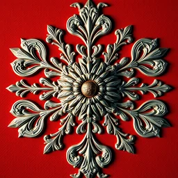 digital art of a beautiful decorative ornament on a background of red gucci fabric, hyper realistic full of details, canon eos, zbrush, artstation, greg rutkowski