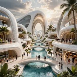 futuristic utopian paradise, canals, bridges, white marble buildings, tropical, palm trees, crowds of people, by zaha hadid, hertha hurnaus, photography, cinematic lighting, detailed sharp focus, raytracing, global illumination, octane render, artstation