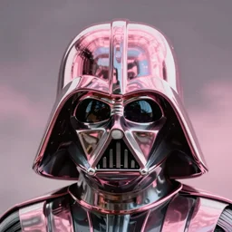 a photo of a chrome pink darth vader helmet