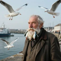old man with fish entangled in his beard, seagulls flying around him, harbour background, lowbrow surrealistic, in the style of mark ryden,