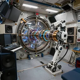 giant speaker system music studio in the interior of an international space station. antimatter vacuum chamber particle accelerator robotic mecha modular synthesizer. photorealistic 35mm 4k cgsociety