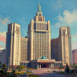 A wide angle exterior shot of a mysterious futuristic brutalist soviet city by George Stubbs zdzisław beksiński, colorfull, vibrant color, UHD 8k