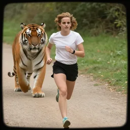screenshot of go pro footage from front view emma watson running in front of tiger