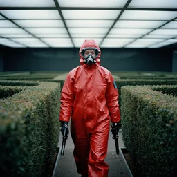 cinestill 5 0 d photographic portrait by helen levitt of dark red hazmat scientists with guns walking through a brutalist hedge maze, extreme closeup, cinematic, modern cyberpunk, ceiling panels, 8 k, hd, high resolution, 3 5 mm, f / 3 2, tenet