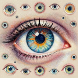by laurent grasso. a drawing of a large eye that is looking directly at the viewer. the eye is composed of a myriad of colors & patterns, & it is surrounded by smaller eyes.