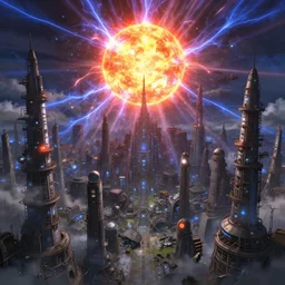 the beautiful, industrial, and futuristic metropolis that glows in plasma of the plasma sun orb is so old fashioned, i wish it would disappear into a smoldering ruin by dan mumford, yusuke murata, makoto shinkai, ross tran, cosmic, heavenly, god rays, intricate detail, cinematic, cel shaded, unreal engine, featured on artstation, pixiv