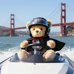 A teddy bear wearing a motorcycle helmet and cape is driving a speed boat near the Golden Gate Bridge dslr photo. - n 9