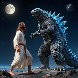Godzilla fighting Jesus Christ in Space