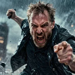 cinematic action close up of conspiracy theorist Alex Jones going berserk in battle, raining and storming by Greg Rutkowski, 4k, masterpiece