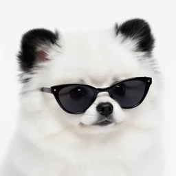 a closeup photorealistic photograph of a stylish panda themed Pomeranian puppy wearing cat-eye sunglasses at the beach during sunset. Surf in the background. This 4K HD image is Trending on Artstation, featured on Behance, well-rendered, extra crisp, features intricate detail and the style of Unreal Engine.