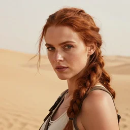 portrait of a northern woman, auburn hair, roguish, acrobat, slavic features, tomb raider, desert background, in the style of ruan jia, high detail, 8 k