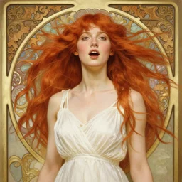intricate art nouveau portrait of redheaded young molly ringwald with long red hair blowing in the wind, mouth open, wearing a thin white dress, in front of a carved screen, elegant, digital painting, smooth, sharp focus, illustration, ultra realistic, 8 k, by bouguereau, alphonse mucha, artgerm, and donato giancola