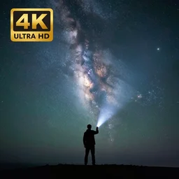 4K Epic Ultra HD detailed award-winning wallpaper silhouette of lonely man holding a bright flashlight looking at huge vast sky universe Milky Way aurora