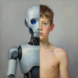 half cyborg robot half human boy, surrealism painting art