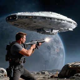 david hewlett as dr. rodney mckay from stargate atlantis shooting a p 9 0 at a wraith cruiser ship that is landing on an alien planet. still from tv show, cinematic framing, cinematic lighting, hdr, hdd, volumetric, photograph, 1 / 3 0 0 shutter speed using a nikon dslr with a 6 0 mm lense