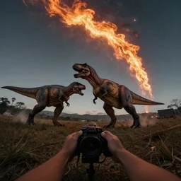 gopro photo first person perspective wrestling a dinosaurs while the incoming meteor burns in the sky