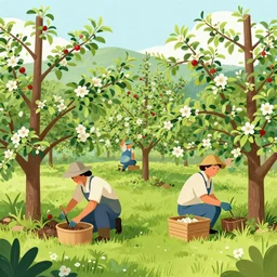editorial illustration portrait of a people working in a apple orchard, flowers, lush overgrowth, ladder against tree, mads berg, christopher balaskas, victo ngai, rich grainy texture, detailed, dynamic composition, colorful, wide angle, unreal engine, kurzgesagt, matte print, screen print, ( ( dither ) )