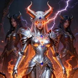ancient horned androgynous god of fire and lightning inspired by Lain Iwakura and Sephiroth, they are stunningly beautiful and slender, his eyes glare with iridescent fire of magical energy, bright silver armor adorned with precious gems, epic portrait by Ross Tran and Dariusz Zawadski and Anna Dittmann, eerie heroic wh40k aesthetics by Zdzislaw Beksinski, ultra detail, professionally detailed fantasy wh40k portrait, 4k, 8k, HDR, trending on ArtStation