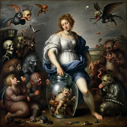 a painting of pandora opening her jar, releasing monsters and critters that impersonate sickness and death, misery a masterpiece by artemisia gentileschi, critters flying around, wide angle