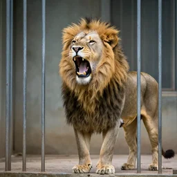 lion roaring in cage at the zoo