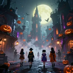cyberpunk halloweentown with halloween buildings, kids in costumes walking, in the year 3 0 0 0, very high details, volumetric fog, raytracing, back light, raymarching, by ilm, by digital domain, by weta digital