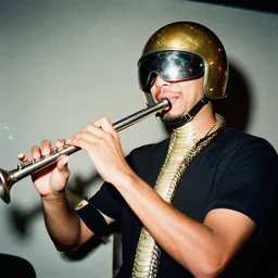 a high definition film photograph of a happy jazz snake playing with a flute. happy. metal visor covering eyes. metallic shiny gold coloured helmet. crushed shadows.