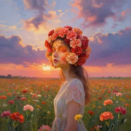 head made of carnations flower, girl standing in the middle of a flower field, surreal photography, sunrise dramatic light, impressionist painting, colorful clouds, large sky, digital painting, artstation, simon stalenhag, flower face