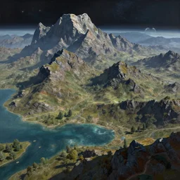 an artist's rendering of a landscape with mountains and a body of water, a detailed matte painting by stanley twardowicz, shutterstock, space art, terragen, matte painting, sci - fi