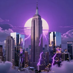 a futuristic photo - realistic new york city in shiny crystalline, mirrored buildings : 8, purple lightening : 1 2, octane render, clouds : 5, violet sun : 9, in the style of sahm : 2 8, hd, ultra - realistic, hyper - realistic, digital art,