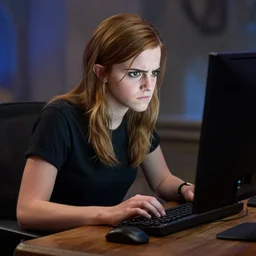 Angry Emma Watson on her computer playing World of Warcraft