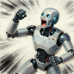 half person, half robot, screaming because they want to turn it off, painting by phil hale, action lines!!!, graphic style, visible brushstrokes, motion blur, blurry