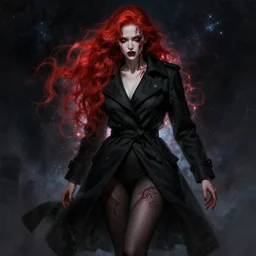 redhead lady in black coat and pantyhose, cosmic horror style, pain, light effect, hyper detailed, intricate, elegant, highly detailed, digital painting, artstation, concept art, matte, sharp focus, illustration, by greg rutkowski