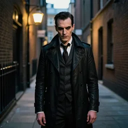 portrait of a villain, standing in a gaslit london alleyway