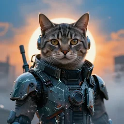 closeup portrait of a cyberpunk cat wearing heavy techwear, shattered glass, cinematic light, backlight, orange sky blue, mist, clouds, mecha, by mikhail vrubel, by philippe druillet, by peter elson, by gerald brom, washed colors, trending on artstation, 8 k