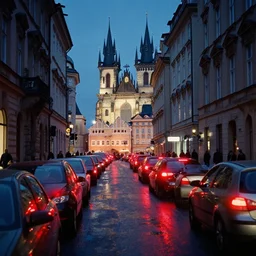 narrow street in prague at night, cars waiting for traffic light, high buildings, architecture, red taillights, puddles, reflections, pedestrians, color grading, film grain, ektachrome, casey baugh