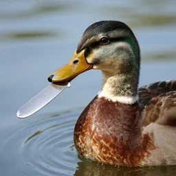 a duck holding a swiss army knife with its beak.