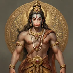 a full body portrait of beautiful ornated hanuman god with flowing medium hair, soft facial features, kind!! appearence, digital art by ross tran and alphonse mucha, symmetrical body, artgerm, portrait, muted color scheme, highly detailed, outrun art style